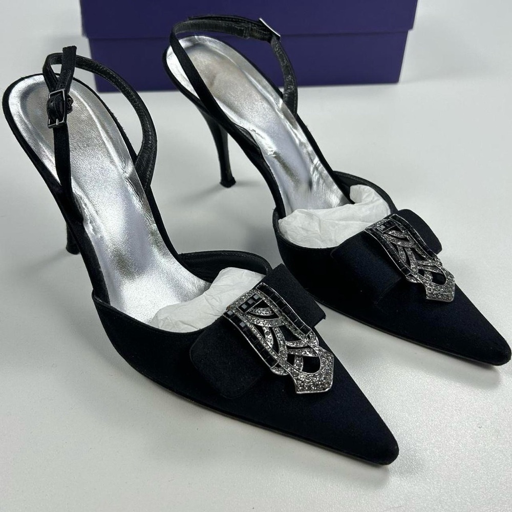 Elegant Black Satin Slingback Heels with Crystal Buckle